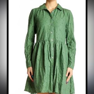 J. Crew 2024 Green Embroidered Floral Eyelet Button Down Shirt Dress Size 4